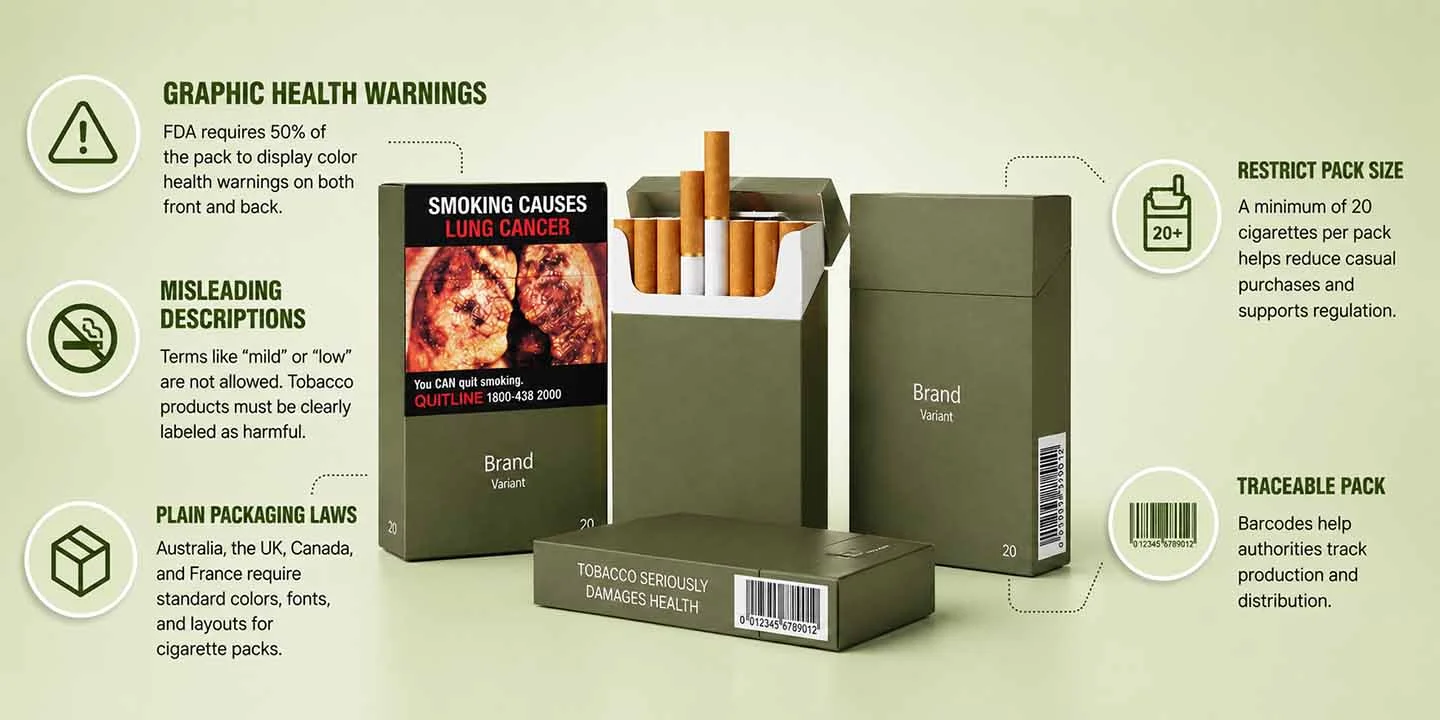infographic of tobacco plain packaging laws, health warnings, and regulations on generic cigarette boxes