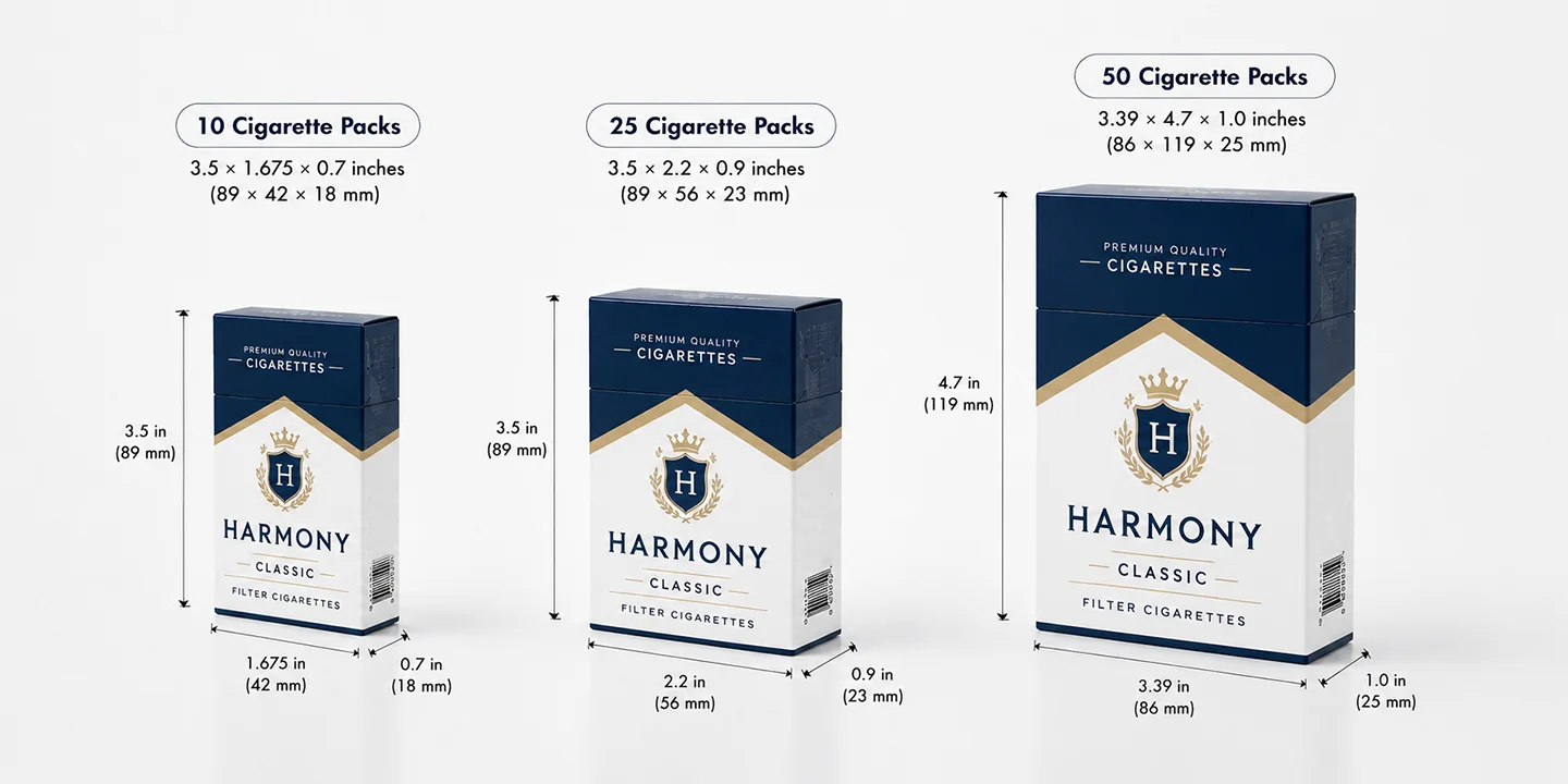 cigarette boxes dimensions and capacity