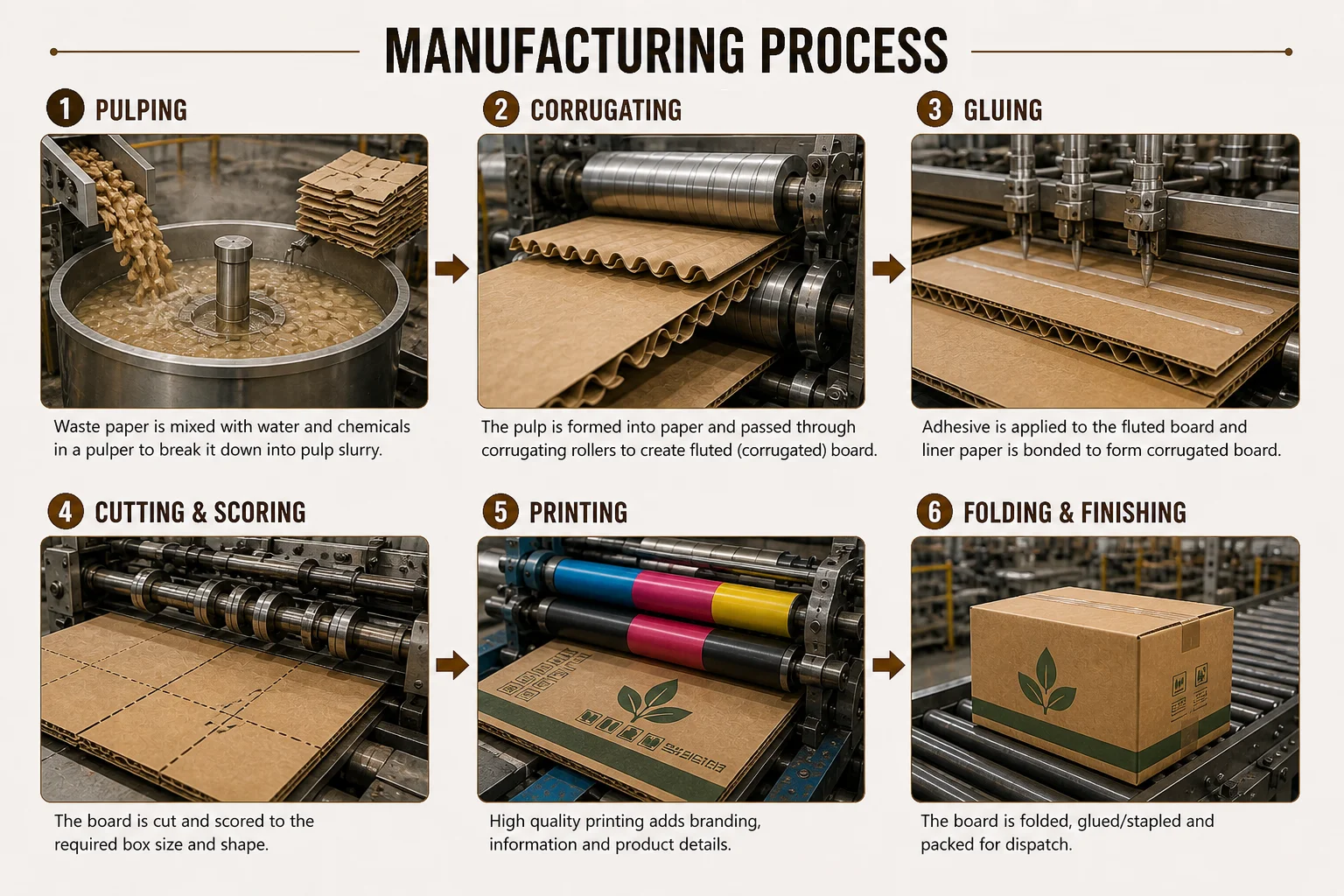 manufacturing process from corrugated cardboard material to box