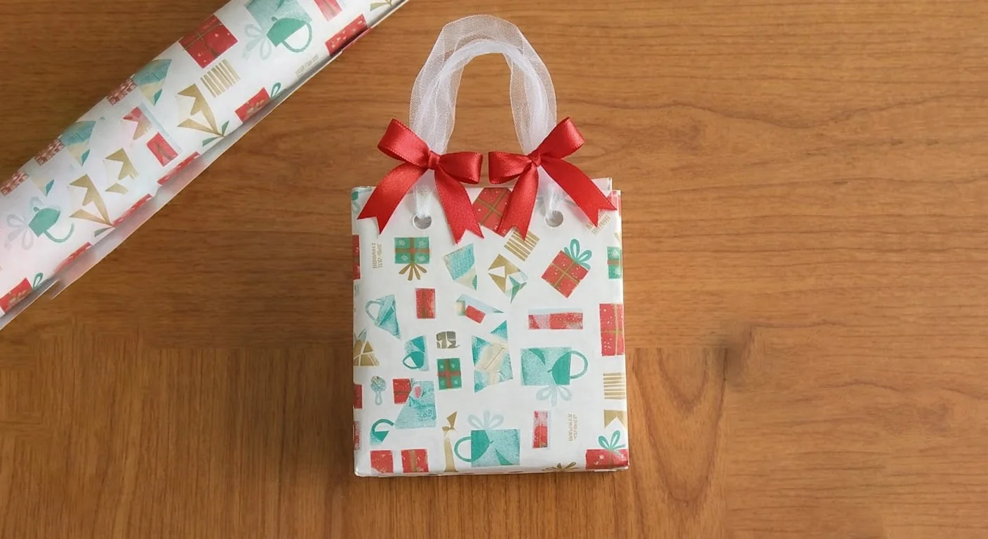 use tulle and pass through holes to make handle to carry wrapping paper bags