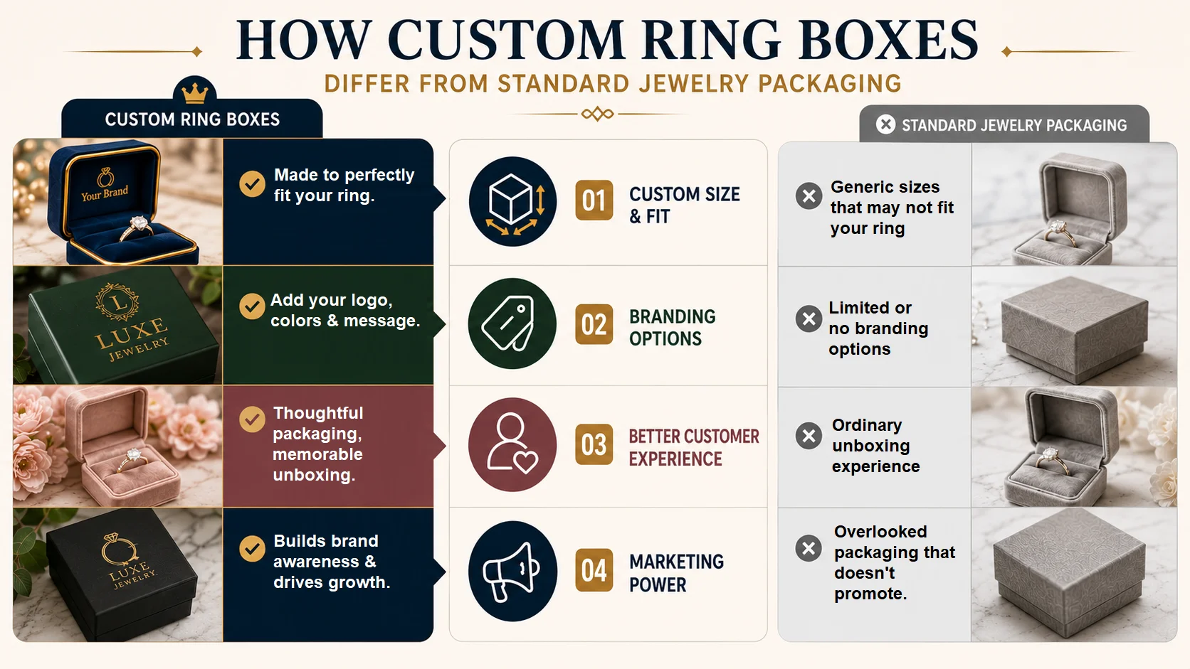 custom ring boxes vs standard jewelry packaging infographic.