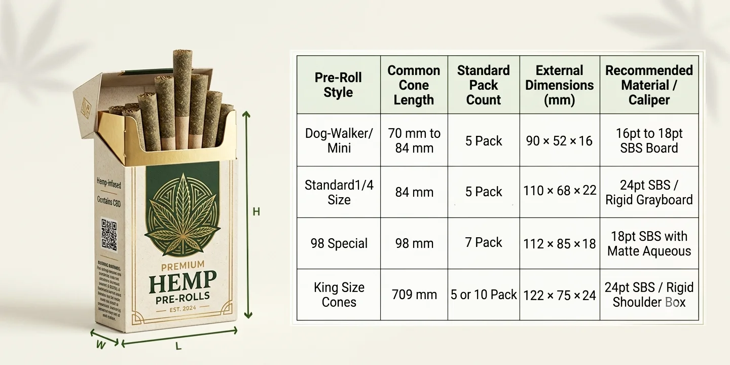 premium hemp pre-rolls box with dimensions and material specifications