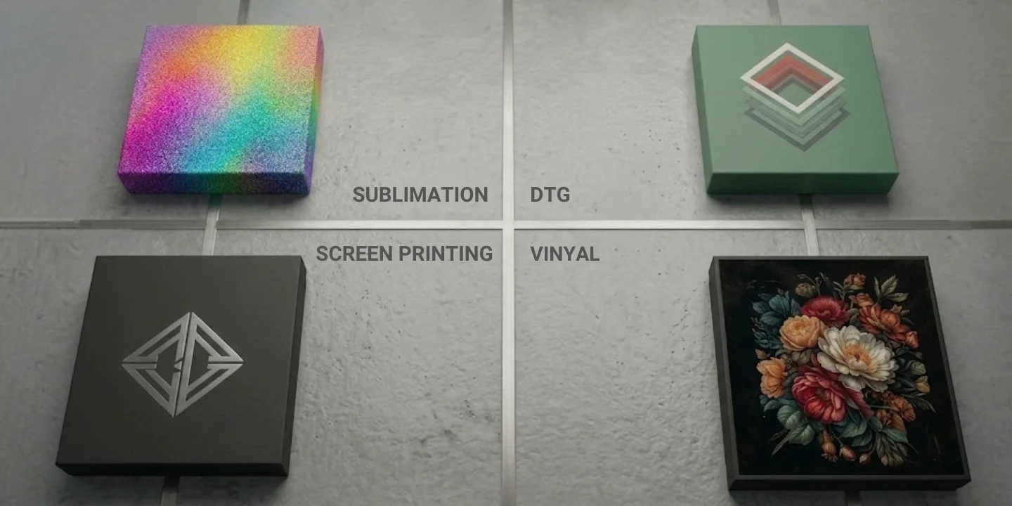 difference between sublimation printing, screen printing, vinyl printing, and dtg printing